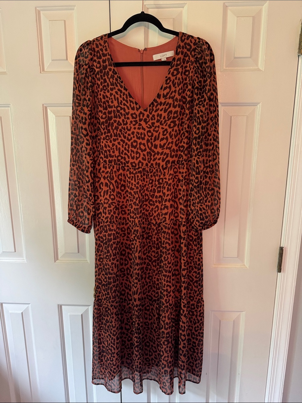 LOFT Rust Leopard Print Long Sleeve Midi Dress